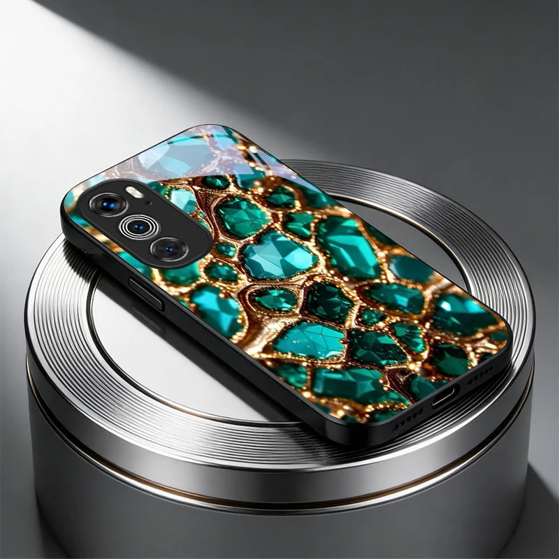 Luxury Green Gem Golden Black Glass Phone Case For Motorola Moto Edge 60 70 20 Lite 30 Pro 40 50 Ultra G45 G54 G55 G75 84 Cover