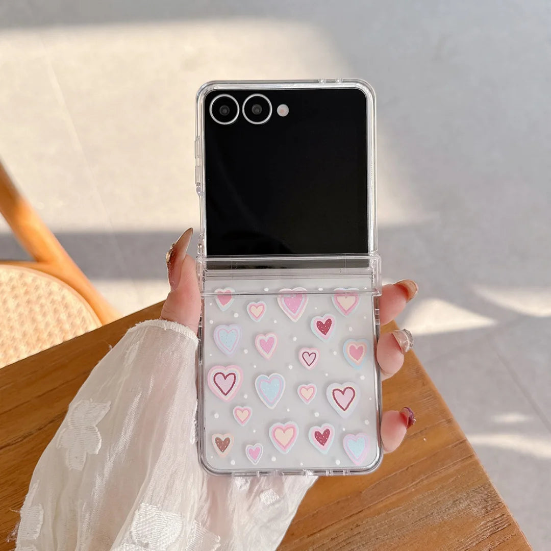 Transparent Love Heart Pink Phone Case For Samsung Galaxy Z Flip7 FE Flip 7 6 5 5G Flip5 Flip6 Shockproof Bumper Hard PC Cover