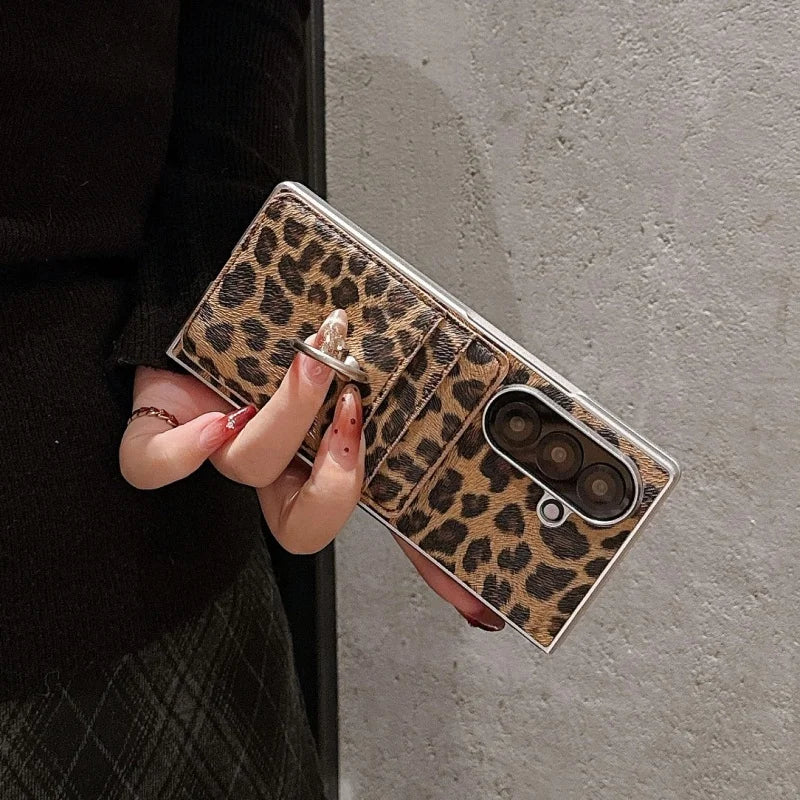 Fashion Leopard Print Magnetic Phone Case For Samsung Z Fold 7 6 5 4 ZFold5 Fold7 Cover with Magsafe Card Slot Holder Cute Cases