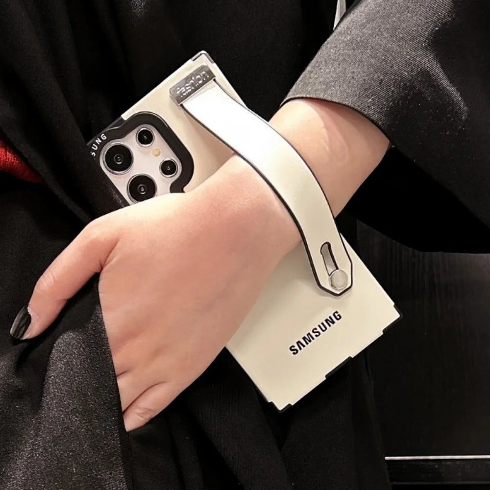 Luxury Suede Leather Wrist Strap Bracket Holde Stand For Magsafe Case Samsung Galaxy S25 S24 S23 S22 Ultra Plus Magnetic Cover