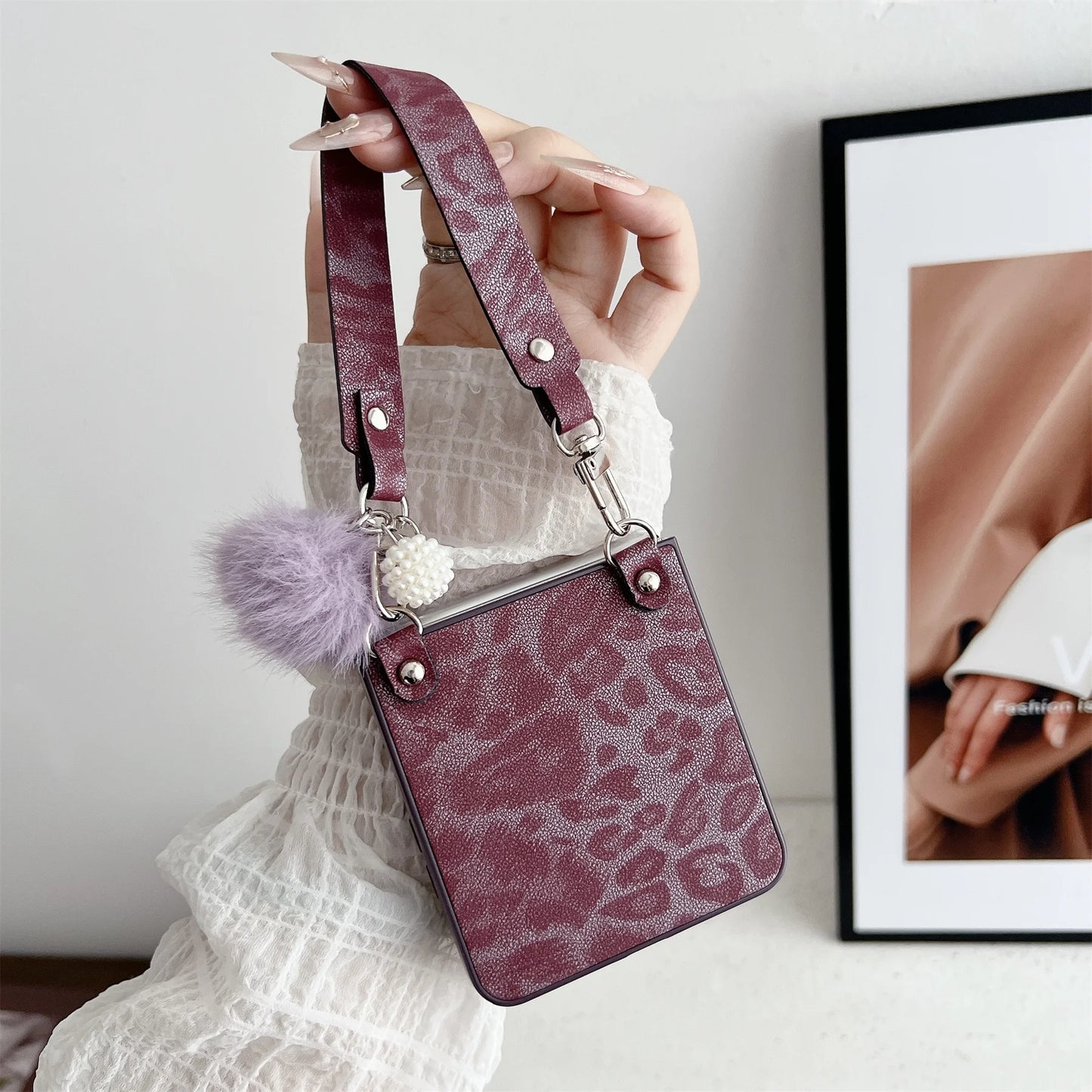 Luxury Classics Leopard Print Phone Case with Hairball Strap for Samsung Galaxy Z Flip 7 Z Flip7 ZFlip 7 Zflip7 Back Cover