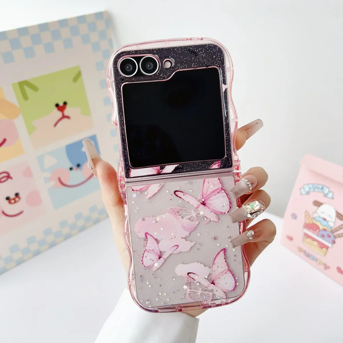 Luxury Cute Arc Wave Butterfly Bling Glitter Laser Sequins Case For Samsung Galaxy Z Flip 6 5 4 3 Soft Silicone Shockproof Cover