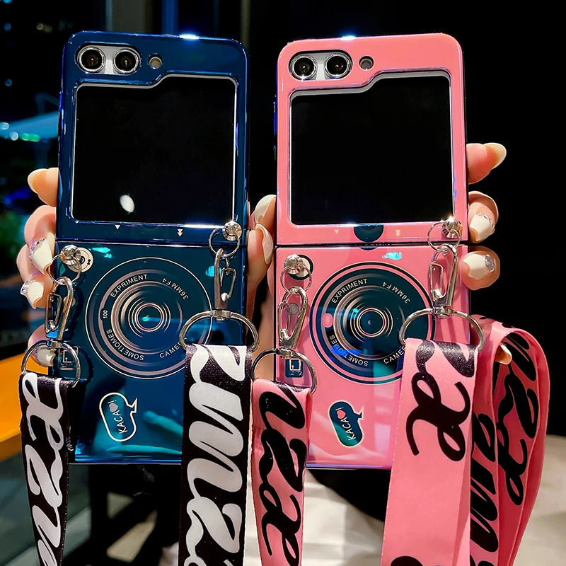 Blu Ray Laser Camera Long Rope Case With Lanyard Necklace Strap Case For Samsung Galaxy Z Flip 5 5G Z Flip6 Hard PC Phone Cover