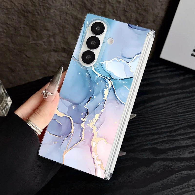 Magnetic Adsorption Clear Case For Samsung Galaxy Z Fold 7 6 5 Fold7 Fold6 Fold5 5G Retro Marble Pattern Shockproof Phone Cover