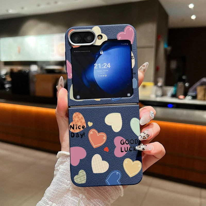 For Samsung Galaxy Z Flip 6 5 4 3 5G Leather Texture Phone Case Love Heart Pattern Soft TPU Folding Cover For Samsung Z Flip5