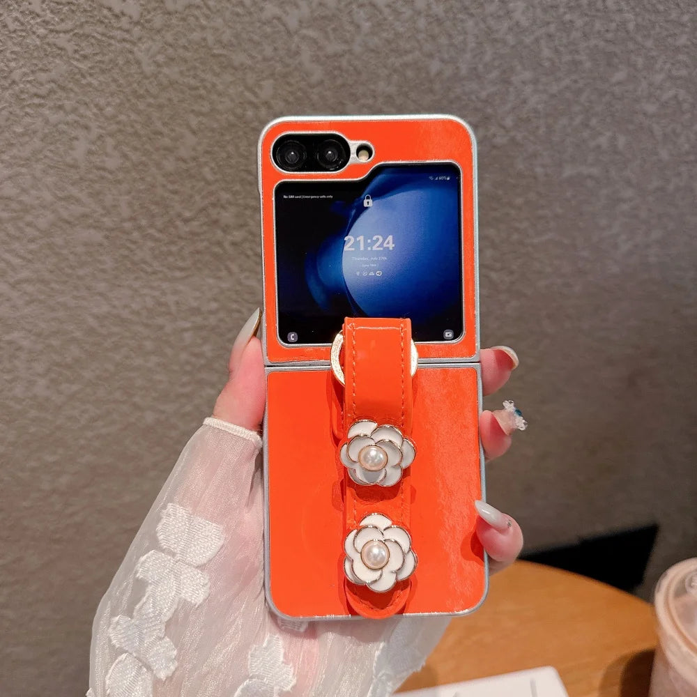 3D Pearl Camellia Flowers Wristband Phone Case for Samsung Galaxy Z Flip 7 6 5 4 3 Flip7 Zflip6 Plating Bumper Shockproof Cover