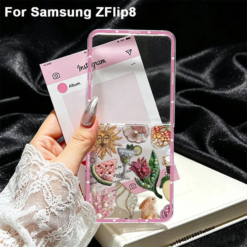 For Samsung Z Flip 8 Beaded Pomegranate Sun Phone Case for Samsung Galaxy Z Flip 8 ZFlip8 Flip8 Clear Hard PC Folding Cover