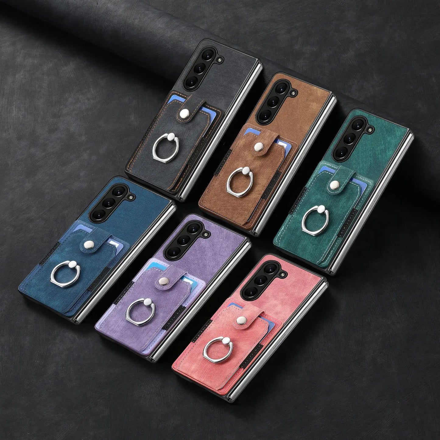 360 Rotating Ring Card Slot Holder Pocket Wallet Phone Case For Samsung Galaxy Z Fold 6 5 Fold6 Fold5 5G PU Leather Back Cover