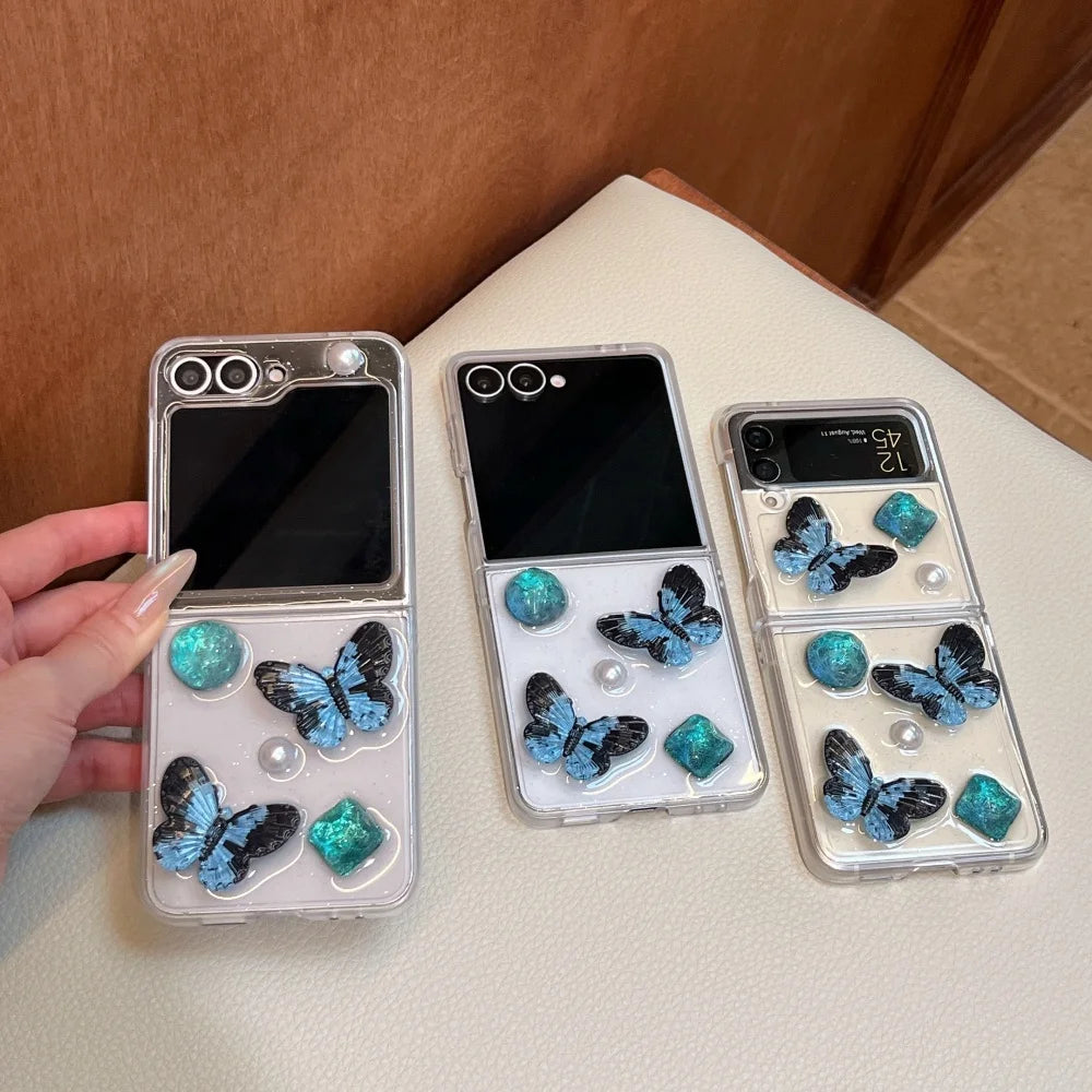 Black Blue Butterfly Glitter Transparent Case for Samsung Galaxy Z Flip 8 7 6 5 flip 7FE zflip8 Resin Dripping Pearl Clear Cover