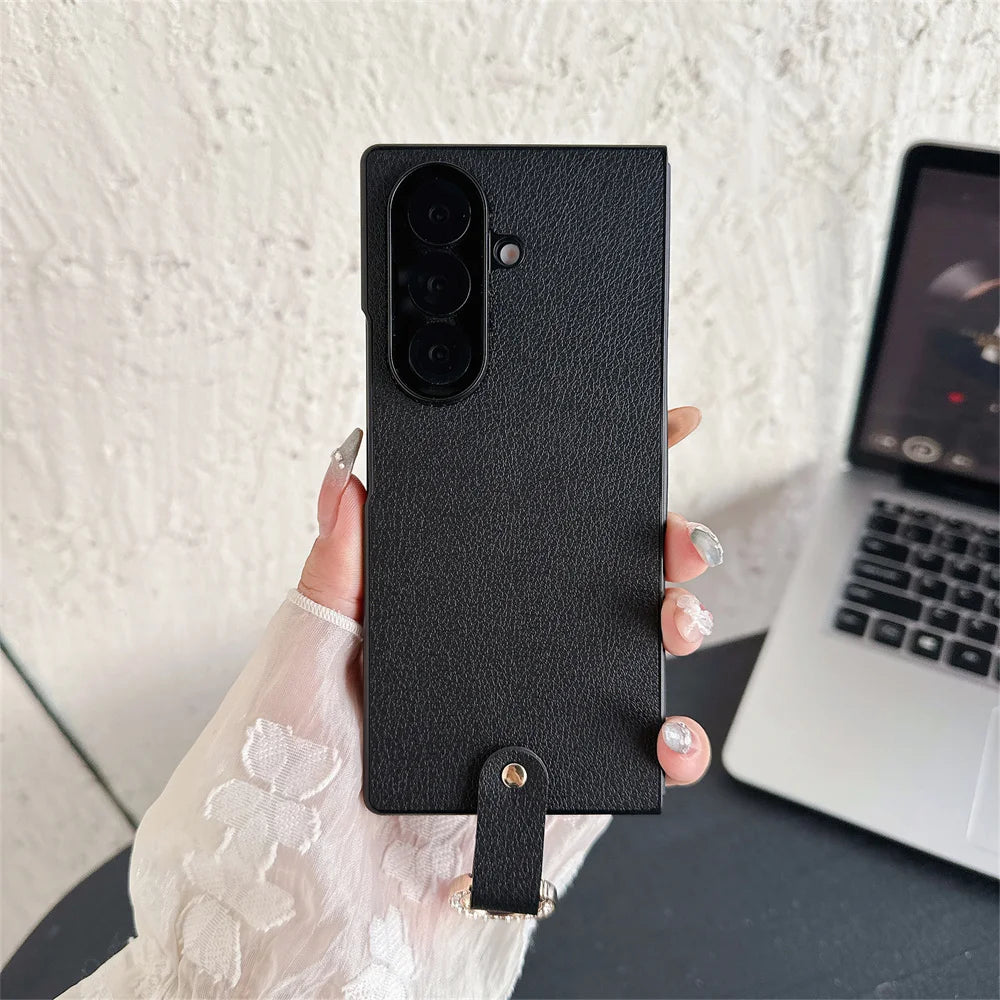 Ring Holder Protective PU Leather Phone Case For Samsung Galaxy Z Fold 7 6 5 4 Fold7 Fold6 Fold5 Fold4 5G Hard Plastic Cover