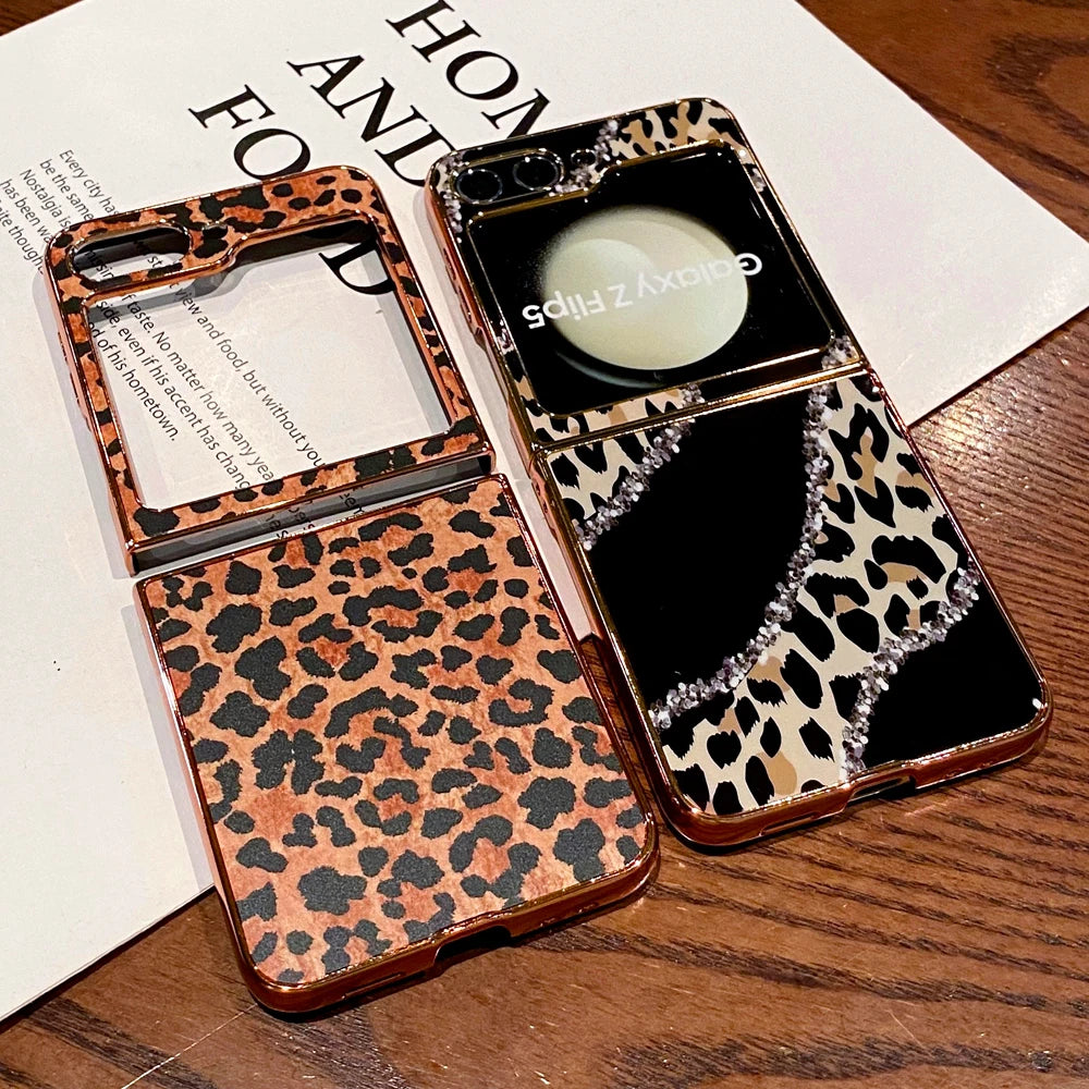 Luxury Gold Plating Cover Fashion Women Sexy Glitter Leopard Pattern Phone Case for Samsung Galaxy Z Flip 7 Flip 6 Z Flip 5 3 4