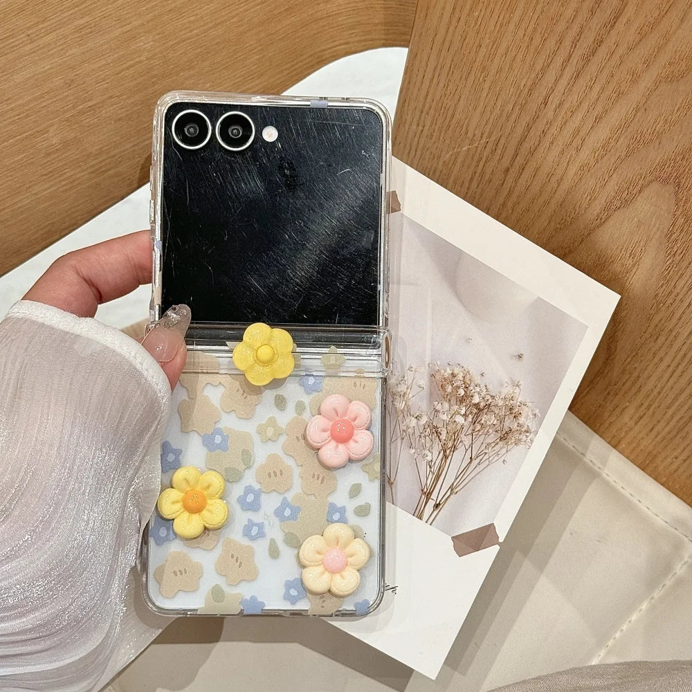 Cute 3D Flower Beads Wrist Chain Case for Samsung Galaxy Z Flip 7 6 5 zflip 3 4 Flip7 Bracelet Hard Acrylic Ins Korean Cover
