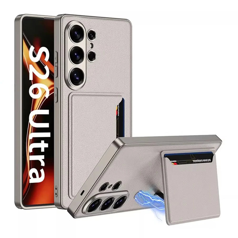 Luxury Leather Flip Wallet Card Package Holder For Magsafe Phone Case for Samsung Galaxy S26 Ultra All-inclusive Hard Back Cover