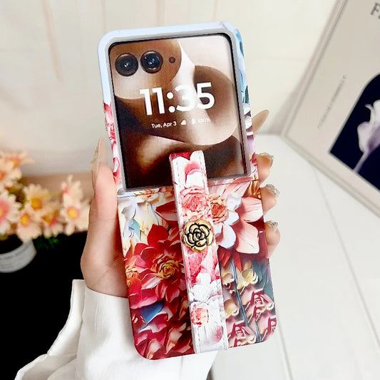 Embossed Watercolor Flower Phone Case For Motorola Razr 60 50 Ultra MOTO RAZR 60Ultra Aesthetic Camellia Wristband Back Cover