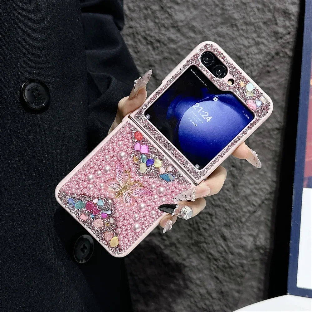 Original Slim Butterfly Jewelled Phone Case For Samsung Galaxy Z Flip 7 6 5 4 3 5G PC Hard Shell Shockproof Protector Back Cover