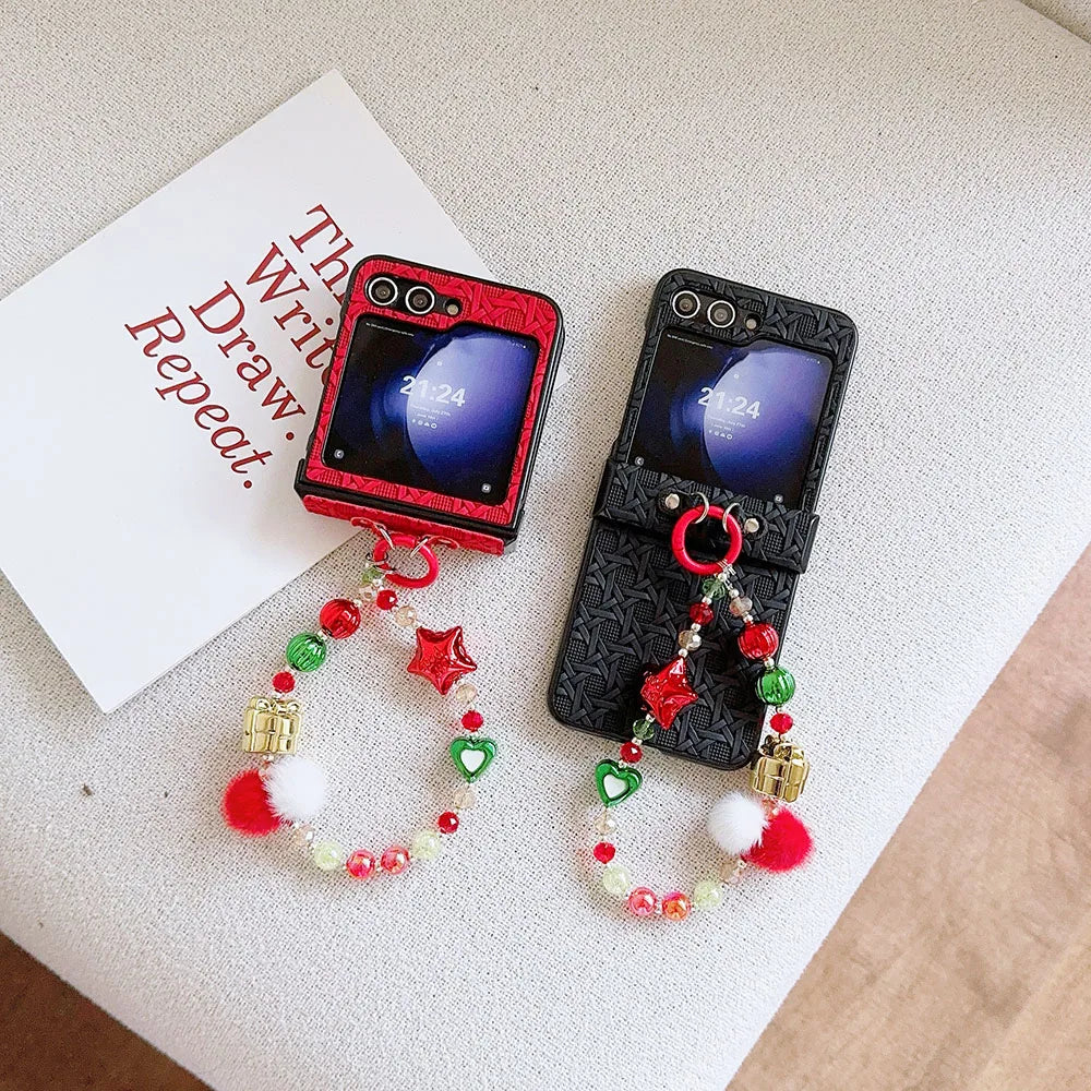 For Moto Motorola Razr 50 Ultra Cute Christmas Lucky Star Heart Fur Ball Pearl Wrist Chain Strap Phone Case Cover