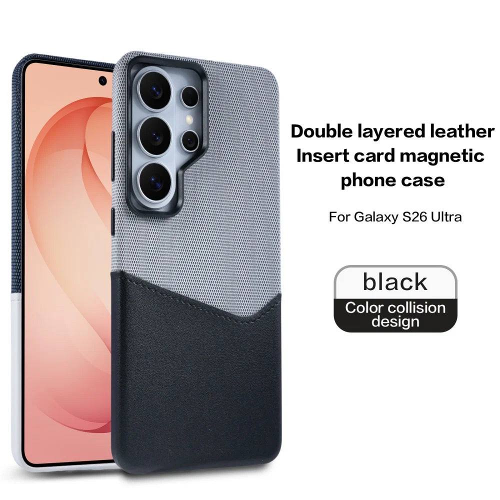 For MagSafe Card Slot Holder Phone Case For Samsung S26Ultra S25 S24 Ultra Linen Leather Magnetic Shockproof Wallet Soft Cover