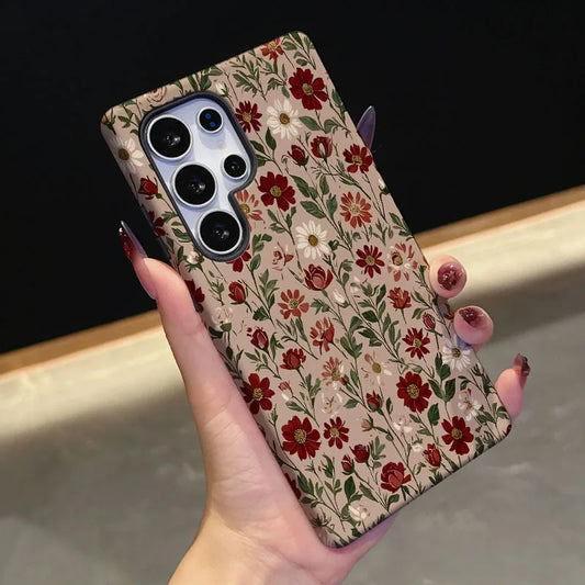 For Samsung S25 S24 S23 S22 S21 Plus Ultra S25 Edge S20 FE A56 A16 15 26 36 Vintage Flower 2 IN 1 Film shell Phone Case Cover