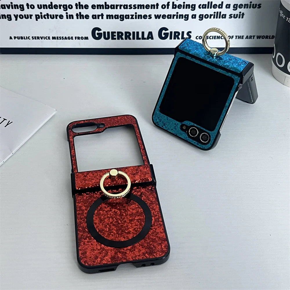 For Samsung Z Flip 7FE Ultra Thin Magnetic Finger Ring Shimmering Case For Samsung Z Flip 7 6 5 4 3 For Magsafe Shockproof Cover
