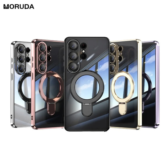 Transparent for Magsafe Stand Plating Case for Samsung Galaxy S26 Ultra Magnetic Bracket Lens Film Cover for Samsung S26 Plus