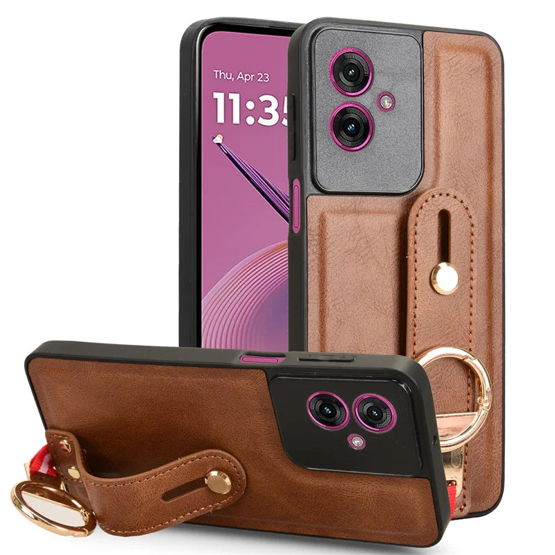 Luxury Wristband Leather Stand Case for Motorola Moto G35 G55 G45 G85 5G With Ring Opener Coque Fundas Capa