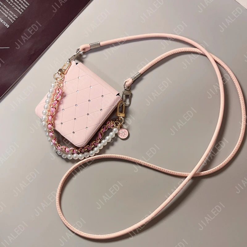 Flower Hand Strap Rhinestone Rhombus Leather Phone case For Motorola Razr 50 60 Ultra Moto Razr60 Plus