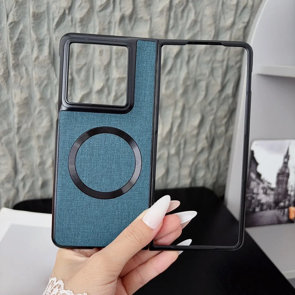 with Magnetic Ring Plain Leather Case For Motorola Razr Fold Luxury Cloth Wireless Charging Protective Cover