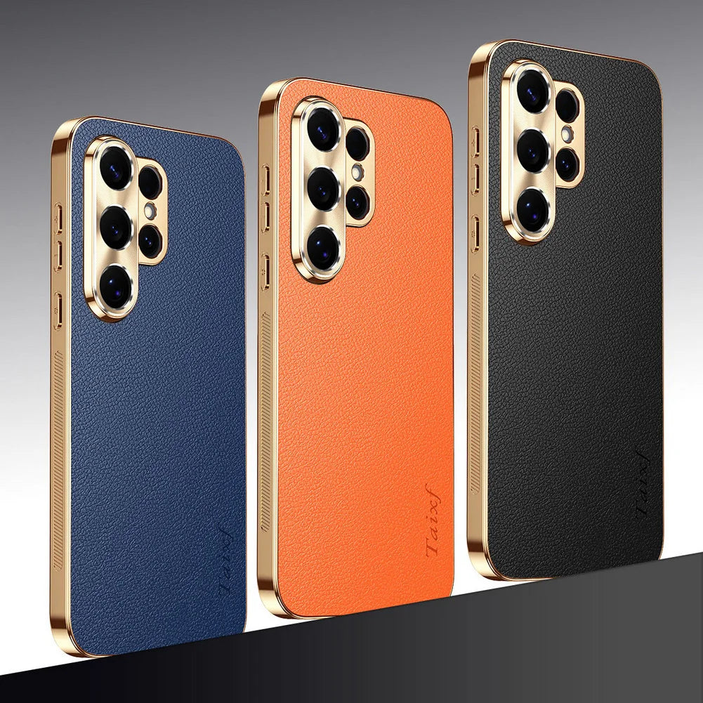 First Layer of Cowhide Lychee Texture Electroplated Frame Case For Samsung S26 Ultra S26 + Galaxy S25 Ultra S25 FE Edge Cover