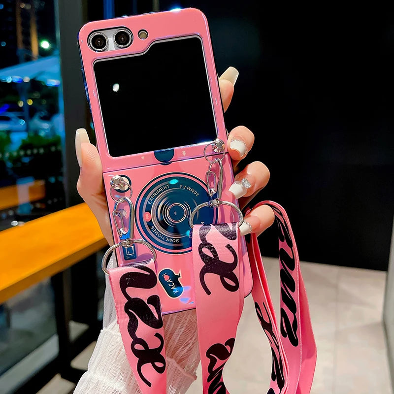 Blu Ray Laser Camera Long Rope Case With Lanyard Necklace Strap Case For Samsung Galaxy Z Flip 5 5G Z Flip6 Hard PC Phone Cover