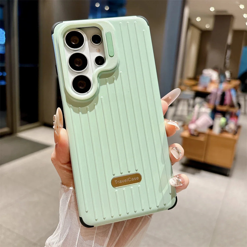 Lens Mount Luggage Armor Phone Case for Samsung S26 S25 S24 S23 Ultra Solid Color Striped Shockproof Bumper Protection Cover