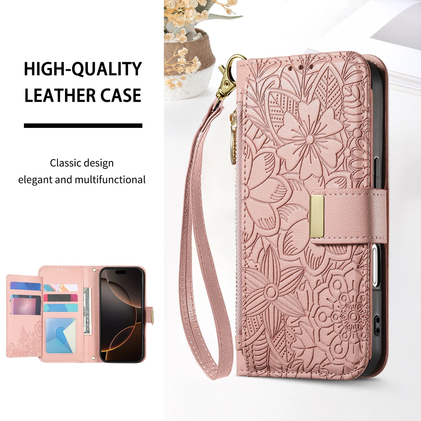 Zipper Wallet Flip Case For Google Pixel 10 Pro XL 9 9A 8 8A 7 7A 6 6A Card Holder Wrist Strap Phone Back Cover