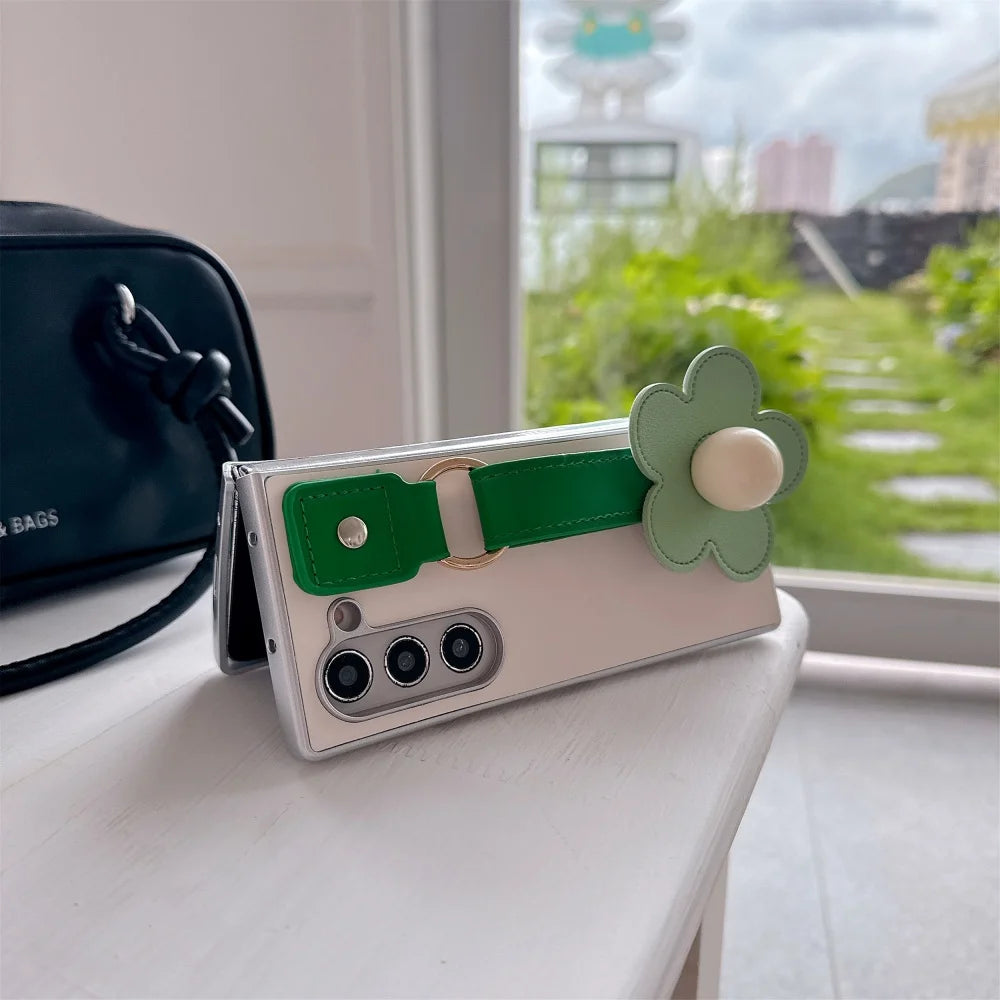 For Samsung Galaxy Z Fold7 Fold 7 6 5 4 3 Zfold6 3D Flowers Leather Wristband Phone Case Plating Silver Frame Shockproof Cover