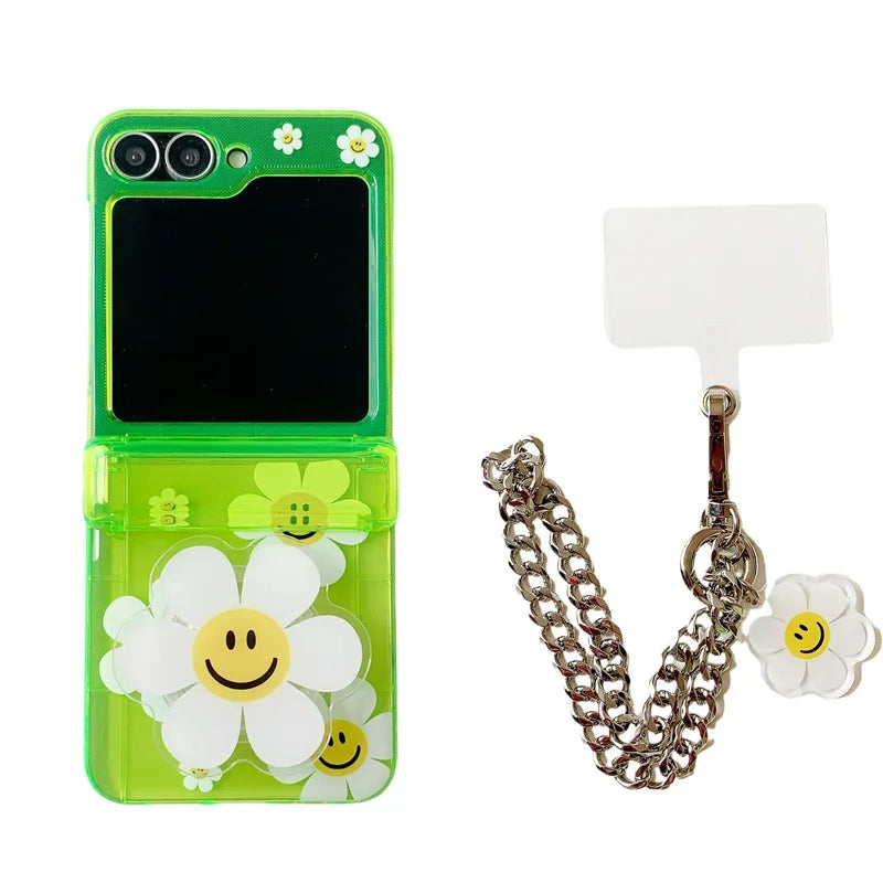 Phone Case For Samsung Galaxy Z Flip 7 FE 6 5 4 3 Fluorescent Green Insert Cards Cute Flower Stand Bracelet Shockproof Cover