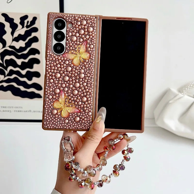 Fashional Crystal Bracelet Pearl Butterfly Phone Case For Samsung Galaxy Z Fold 7 6 5 4 3 Unique Fall prevention Protector Cover
