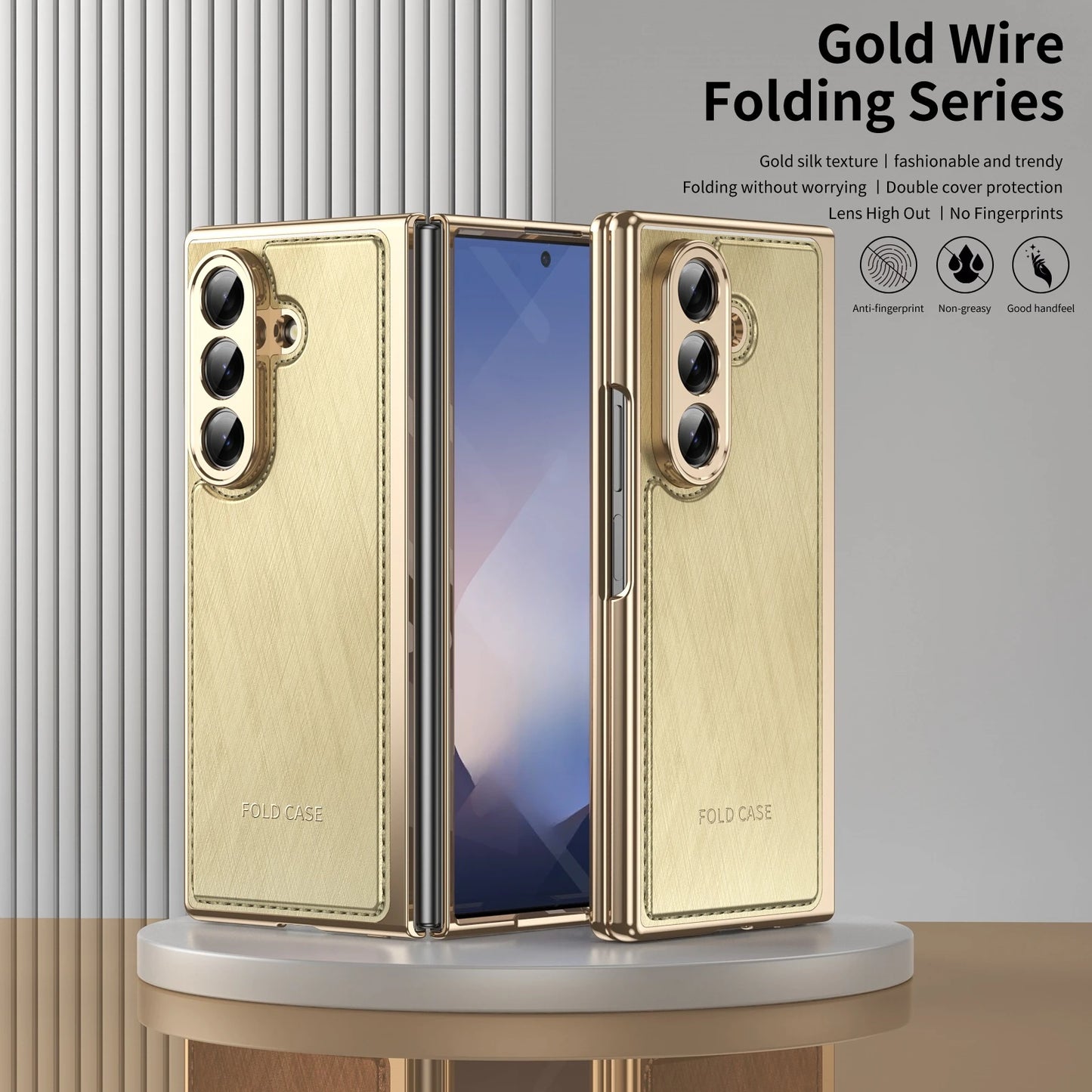 Golden Border Leather Phone Case with Steel Film for Samsung Galaxy Z Fold 7 6 5 4 3 Fold6 Hinge Protection Shockproof Cover
