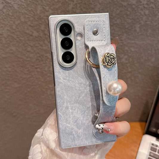 Simple Denim Wrist Strap Case for Samsung Galaxy Z Fold 7 6 5 4 3 Flower Pearl Phone Holder Phone Cover Bumper Fundas