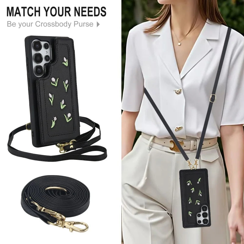 Lanyard Leather Wallet Phone Case For Samsung Galaxy S25 Edge Ultra S24 FE S23 Plus A56 A36 A16 A55 A35 A15 A54 A34 A14 Cover