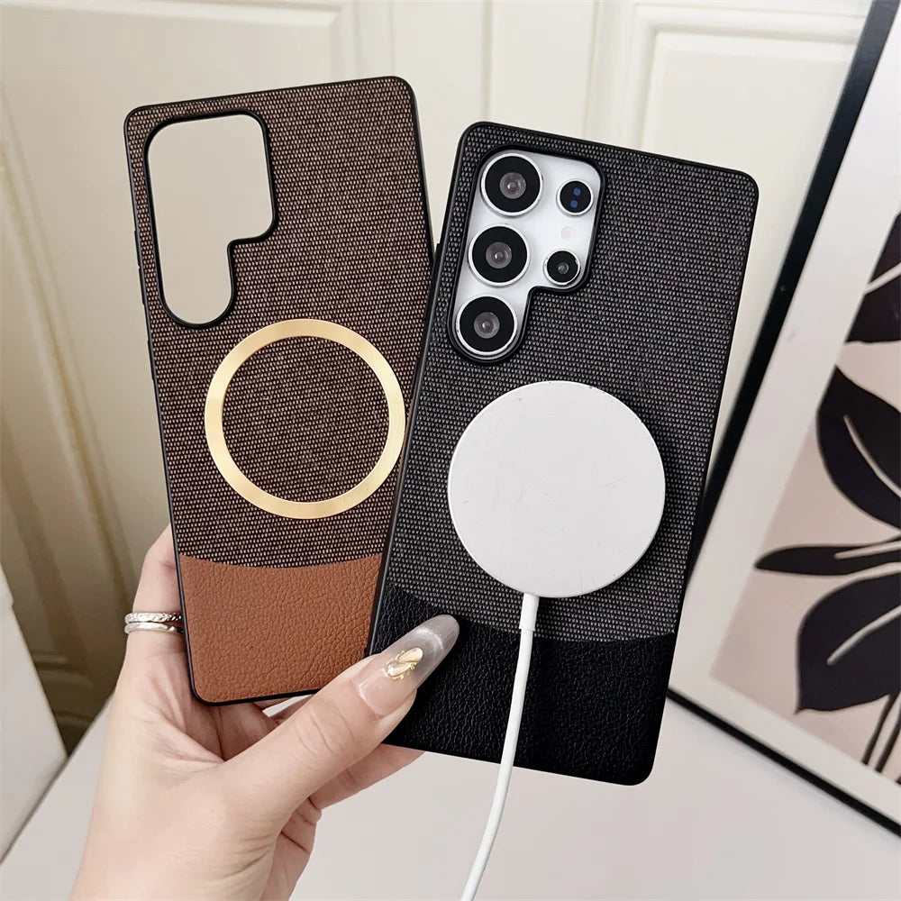 Luxury Patchwork Leather Magnetic Phone Case For Samsung Galaxy S25 Ultra s25 Plus For Magsafe Wireless Charging Hybrid PC Cover