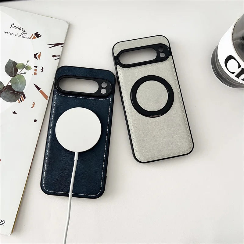 Luxury Leather Rotating Bracket Magnetic For Magsafe Case For Google Pixel 10 9 8 7 6 Pro 5 4 3 XL 3A 4A 5A 6A 7A 8A 9A 5G Cover