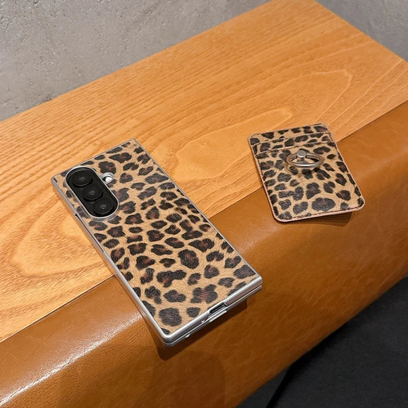 Fashion Leopard Print Magnetic Phone Case For Samsung Z Fold 7 6 5 4 ZFold5 Fold7 Cover with Magsafe Card Slot Holder Cute Cases