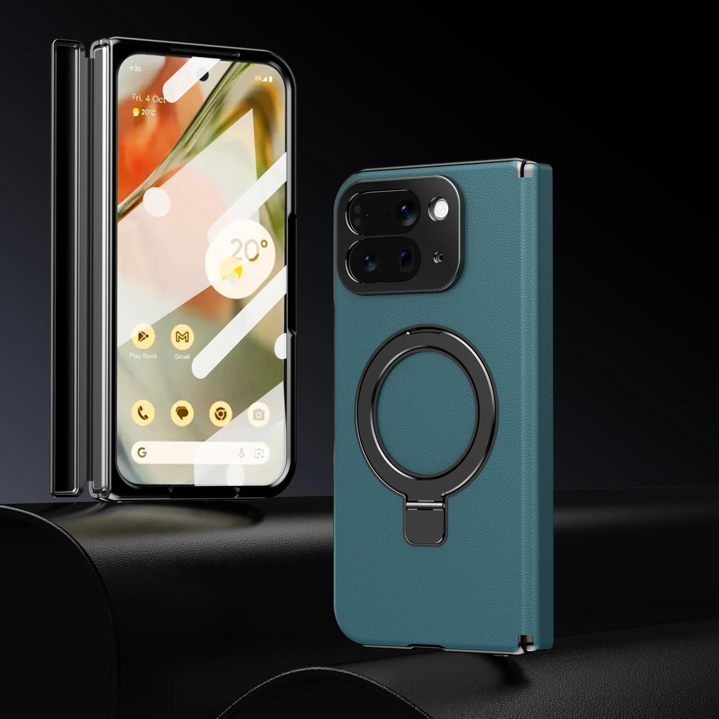 Foldable Magnetic Ring Stand Leather Case For Google Pixel 10 Pro Fold Bracket Cover Magnetic Pivot With Glass Screen Protector