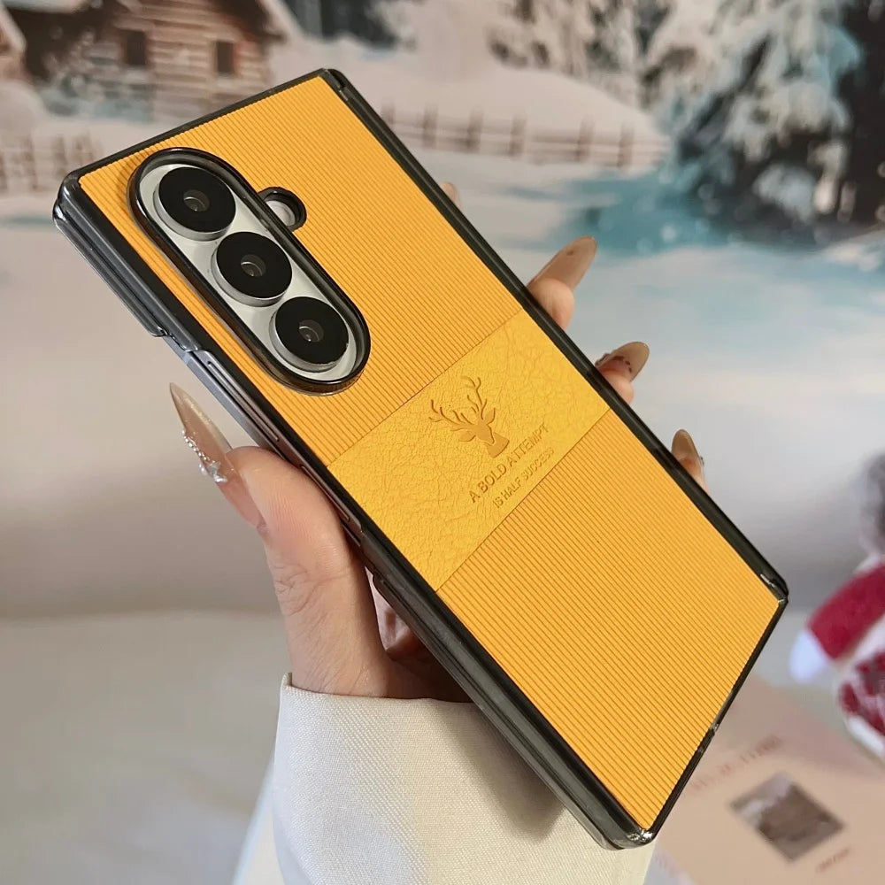 For Samsung Galaxy Z Fold 7 6 5 4 Case Magnetic Leather Deer Pattern Hinge Thin Shockproof PC Wireless Charge Cover For ZFold7