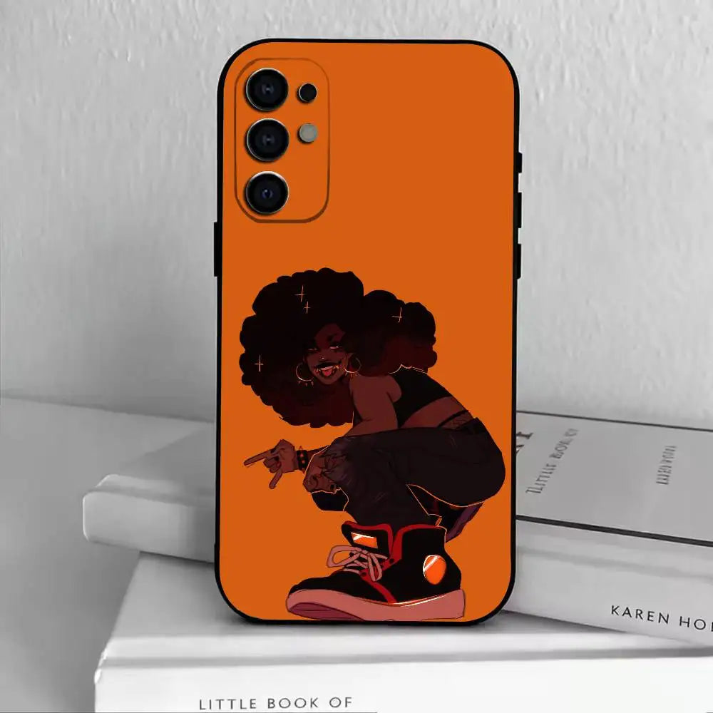 cartoon Black Girl A-Afro  Phone Case Black Silicone Soft For Samsung S25,S24,S21,S22,S23,S30,Ultra,S20,Plus,Fe,Lite