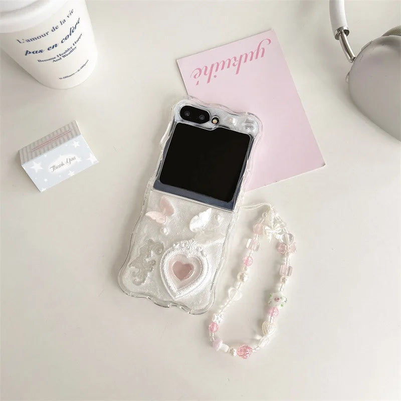 Luxury 3D Butterfly Love Heart Wavy Phone Case For Samsung Galaxy Z Flip 7 6 5 4 3 Zflip7 Zflip6 With Lanyard Shockproof Cover