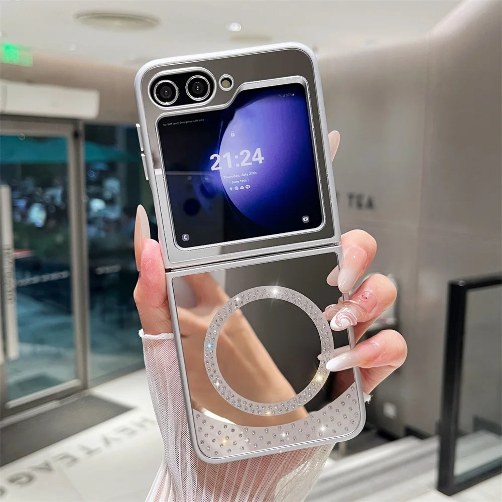 For Magsafe Glitter Diamond Magnetic Case For Samsung Z Flip 6 5 flip 4 3 flip6 zflip6 5G Wireless Charging Make Up Mirror Cover