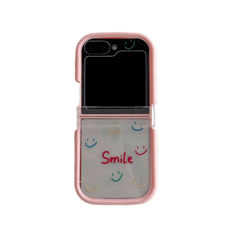 Pink Floral Smile Clear Hinge Strap Furry Ball Phone Case For Samsung Galaxy Z Flip 8 7 6 5 4 3 Z Flip8 Cute Shockproof Cover Gi