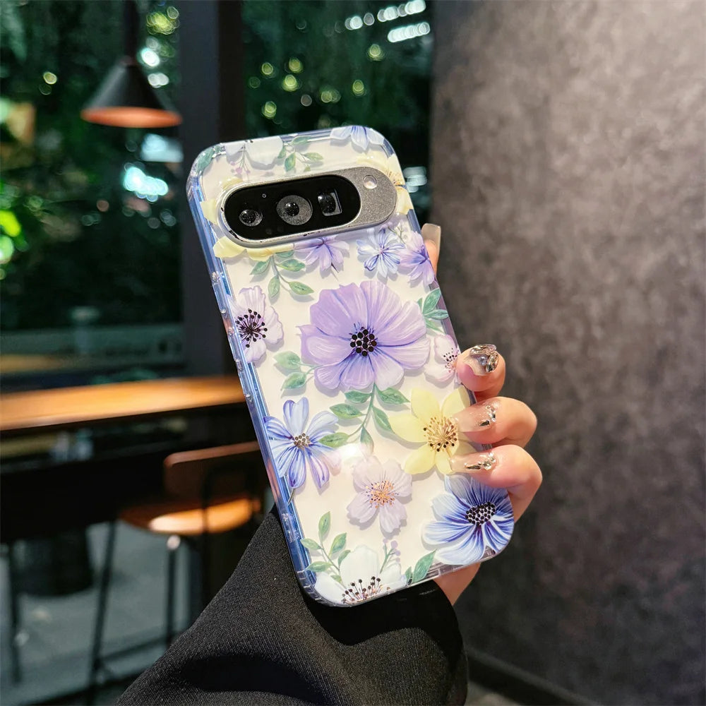 Painting Flower Pattern Clear Phone Case For Google Pixel 10 9 Pro XL 10 9 Pro 9A Printing Floral Shockproof Bumper Hard Cover