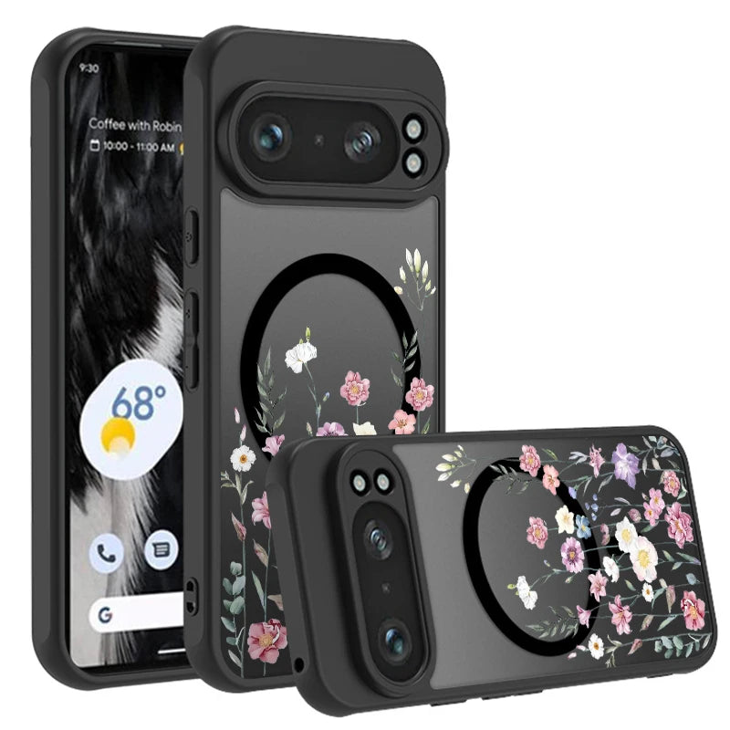 Matte Magnetic Case For Google Pixel 10 9 8 Pro 8A 9A Pixel 9 10 Pro XL For Magsafe Wireless Charging Purple Flowers Phone Cover