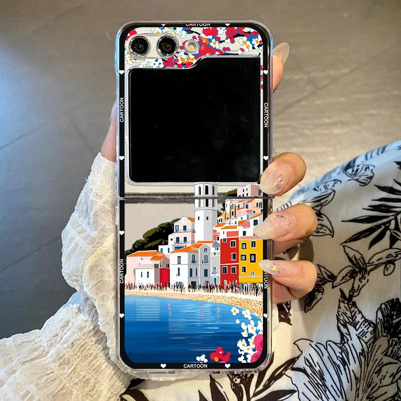 Anime Landscape Mountain Oil Painting Phone Case For Samsung Galaxy Z Flip 6 5 7 3 4 Clear Hard PC Folding Cover For Z Flip 7 5