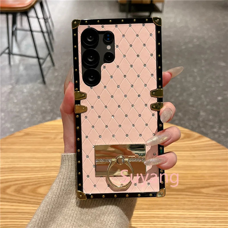 Luxury Diamond Bling Phone Ring Holder Case For Samsung Galaxy S26 S25 Ultra S24 S23 S22 S21 S20 FE S10 Plus Glitter Plaid Cover